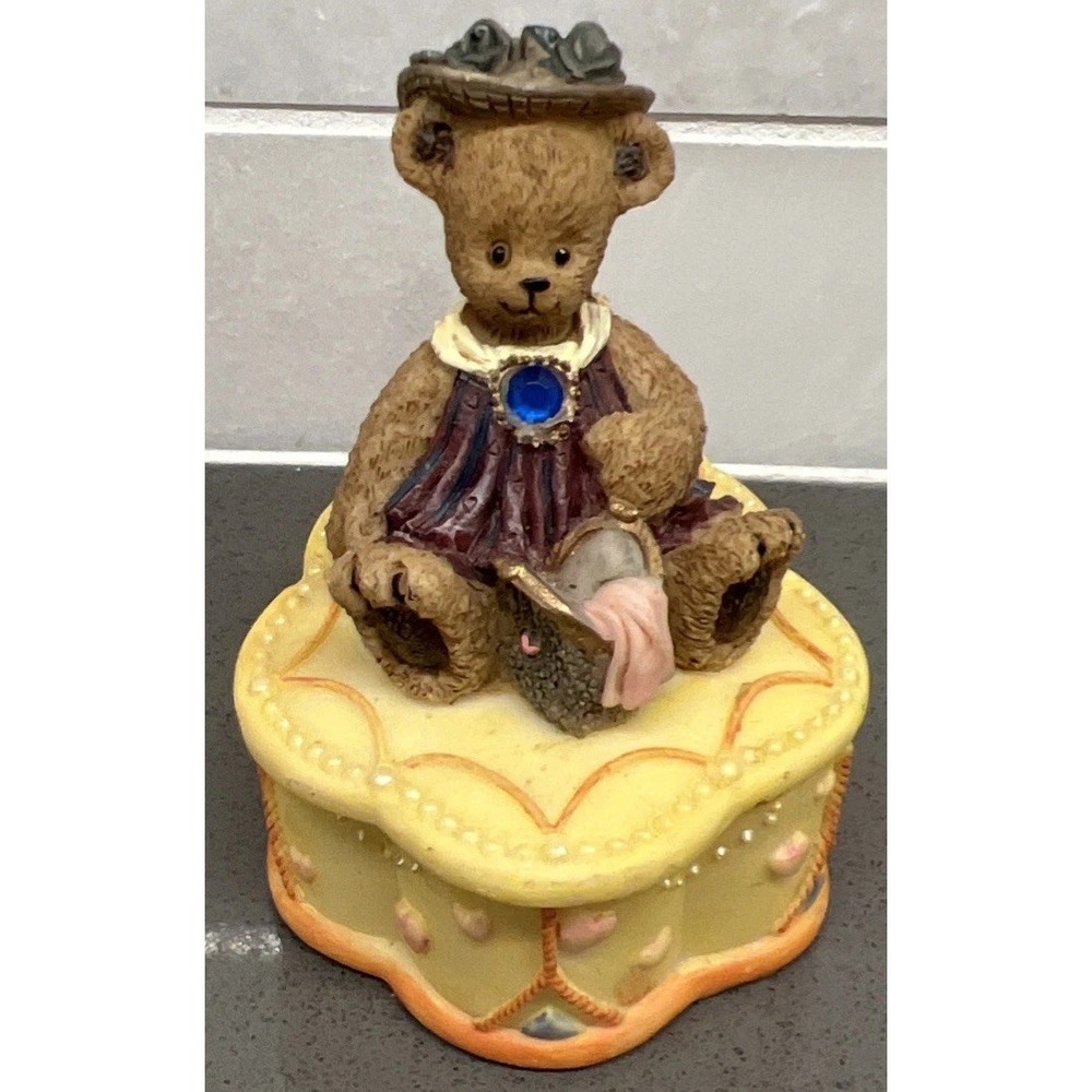 Youngs September Resin Teddy Bear Trinket Box Figurine 3" Tall
